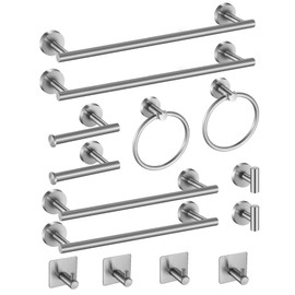 Hinmood Bathroom Hardware Set Brushed Nickel 14 Pieces, Bathroom Accessories Set Including 24 inch and 16 inch Towel bar, Towel Ring, Toilet Paper Holder and Towel Hooks