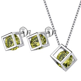 Aurora Tears Birthstone Necklace Stud Earrings Jewellery Sets Gifts Square Birthstone Pendant for Women and Girls 925 Sterling Silver, Jewellery Sets