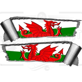 Pair 290mm Rolled Ripped Tear Torn Metal Effect Welsh Dragon Vinyl Car Stickers