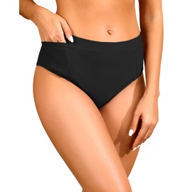 Tempt Me Mid Waist Black Bikini Bottoms-Full Coverage Bathing Suit Bottom with Pockets S