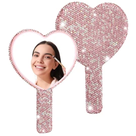 Frinnovan, 1 Pack Rhinestone Heart Mirror Handheld Pink Bling Hand Held Mirrors with Handle Glitter Cosmetic Dazzling Mirror Portable Cute Travel Makeup Lash Mirror