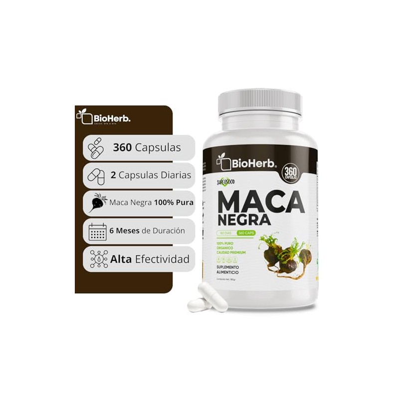 BioHerb® | Maca Negra 100% Pura con 360 Capsulas, Extremadamente