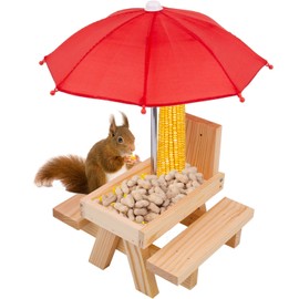 Squirrel Picnic Table Feeder with Umbrella,Wooden Squirrel Feeders for Outside,Hanging Chipmunk Feeders with Corn Cob Holder for Yard