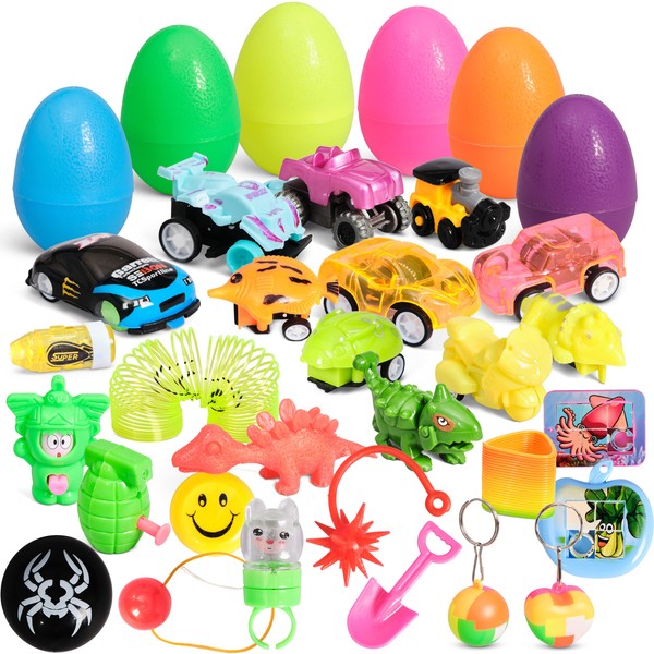 Prextex Easter Eggs Filled with 30 Mini Toys and Surprises for Toddlers - Each Egg Contains a Different Toy for Easter Egg Hunt, Easter Egg Hunt Kit, Easter Games Gifts and Party Bag Fillers for Kids