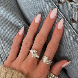 KQueenest Pack of 30 White Press On Nails, Short Almond - Acrylic Nails for Gluing, Natural Plain Fake Nails Fingernails for Gluing, Shiny Gel, Full Cover Artificial Nails for Women