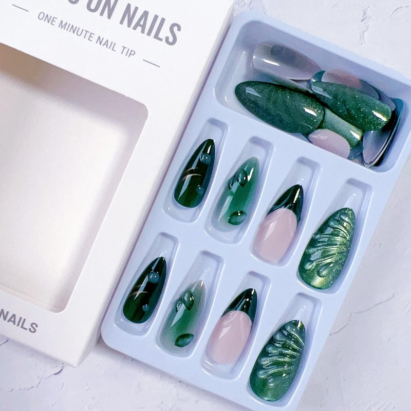 Green Press on Nails French Tip Glitter Fake Nails Almond