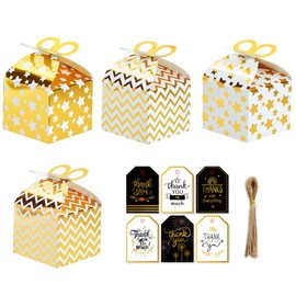 Golden Birthday Party Shower Loot Gift Boxes, 12Pcs Candy Treat Boxes Favor Box Bulk Golden Party Favor Box, Golden Paper Treat Boxes Favor Boxes Fun Party Play Goodie Gift Boxes with Tags and Rope