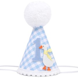 Silly Goose First Birthday Party Hat, Blue Gingham Pattern with Duck Design, White Pom Pom