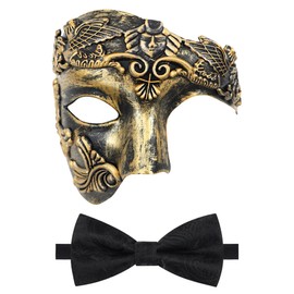 Oidea Masquerade Mask for Men: Retro Phantom of The Opera Mask with Black Bow Tie Costume One Eyed Half Face Mask, Gold