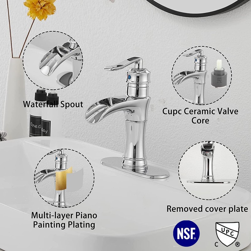 Chrome Bathroom Faucet Waterfall GGStudy Single Handle One Hole Farmhouse