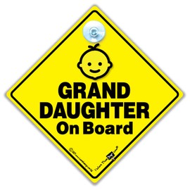 Granddaughter On Board Sign, Baby On Board Sign, Grandchild On Board Car Window Sign, High Visibility Advisory Car Sign Designed to Let Other Road Users a Child is in The Car, 14 cm x 14cm x 2cm