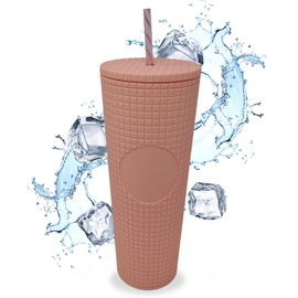 Nadia's Little Treasures Grid Plastic Tumbler Cup - Plastic Double Walled Cold Cup for iced Coffee, Water, Slush or Smoothies, Your Home Cinema Cup (Matte Coral)