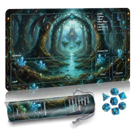 Alfombra MTG TCG DND con bolsa de almacenamiento y 7 dados | Superficie impermeable y antideslizante | Diseño premium de bloqueo de bordes | Alfombrilla de juego con zonas para alfombra de