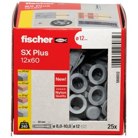 fischer 568012 SX Plus Expansion Wall Plug, 12mm x 60mm, Pack of 25