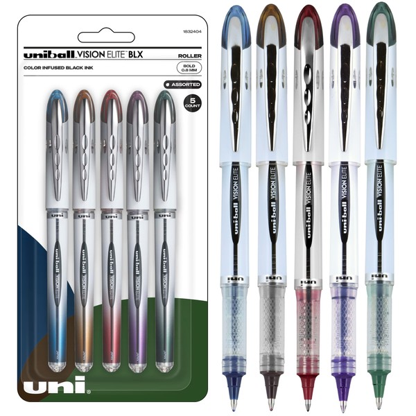 Uniball Vision Elite BLX Rollerball Pens, Assorted Pens Pack of 5, Bold Pens with 0.8mm Ink, Ink Black Pen, Pens Fine Point Smooth Writing Pens, Bulk Pens, and Office Supplies