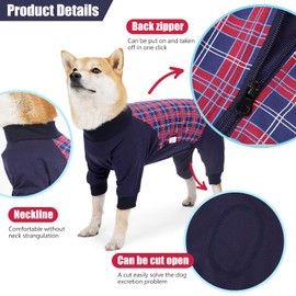 Pinellia Dog Recovery Suit, Abdominal Wound After Surgery Wear, Anti Licking Bodysuit with Zipper, E-Collar & Cone Alternatives, Plaid Dog Spay Surgical Onesie Prevent Shedding(XL, Red)