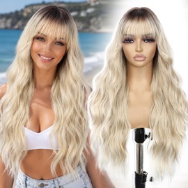 SAPPHIREWIGS Blonde Wig with Bangs Long Body Wavy Wigs for Women Blonde with Dark Roots Synthetic Curly Wigs for Daily Party Cosplay Use 26 Inch
