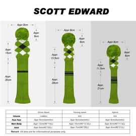 Scott Edward Knitted Golf Club Head Covers for Woods 3Pcs Set Golf Driver (460CC) Fairways and Hybrid/UT with Rotating Number Tags(Green Grey White Argyle)