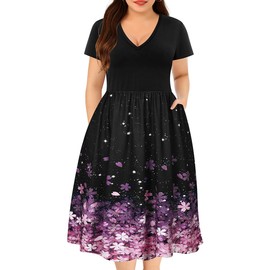 RITERA Plus Size Dresses for Curvy Women Pink Floral Summer Dress Patchwork Beach Dresses Elastic High Waist Sundress V Neck Short Sleeve Flowy Casual Dress with Pockets 3XL 22W 24W