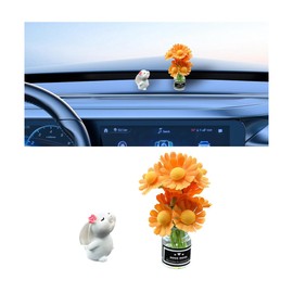 Sandfren Set of 2 Mini Bunny Daisy Car Rearview Mirror Ornaments, Cute Funny Blossom Flower Vase Vehicle Dashboard Decorations, Rabbit Kawaii Auto Interior Dash Accessories, Universal Fit (Orange)