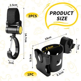 Drinks Holder Pushchair Cup Holder 2-in-1 Adjustable Bottle Holder with 2 Hooks Pushchair Universal Stroller Cup Holder for Wheelchair Trolleys Bicycle Coffee Cup Holder