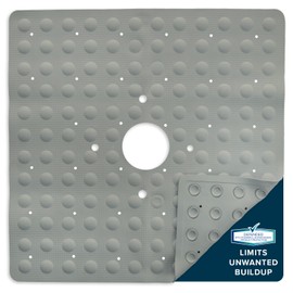 SlipX Solutions Square Natural Rubber Shower Stall Mat, 21” x 21”, Non Slip Safety, Built-in Product Protection, 140 Power Grip Suction Cups, Center Drain Hole, Tan