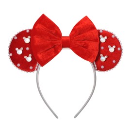 Eissya - Diadema de Minnie Ears, diadema de moda, corbata (perla roja, mediana)