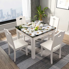 SongYi Square Floral Fitted Tablecloths, White Daisy Decor Polyester Table Cloth, Stain & Wrinkle Resistant Elastic Edge Cover, for Family Living Room Kitchen Patio Tablecloth, Fits 24 x inch