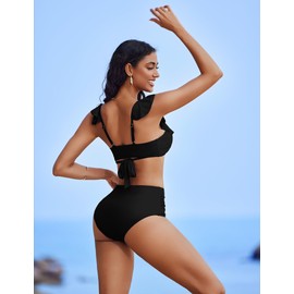 AI'MAGE Women High Waisted Bikini Sets Tummy Control Swimsuits Ruffle Sleeve Two Piece Bathing Suit V Neck Swimwear Black