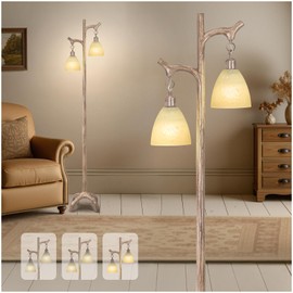 68" Farmhouse Floor Lamp with Glass Shade for Living Room, Vintage Standing Lamp for Bedroom, Rustic Floor Lamp Stepless Dimmable Tree Trunk Tall Lamp for Home Room Office Decor (Bulb Included)