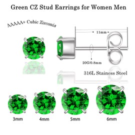 ZQGOFPT 4 Pairs 316L Stainless Steel Stud Earrings Hypoallergenic Rainbow 5A Cubic Zirconia Cartilage Earrings 18K White Gold Plated Studs Set for Women Girls (Green-CZ 3-6mm (Silvery))