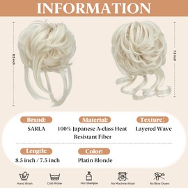 SARLA 2PCS Messy Bun Hair Pieces for Women Detachable Claw Clip Wavy Curly Synthetic Hairpieces for Updos with Tendrils Fake Scrunchies Ponytail Extension Platin Blonde