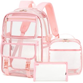 AO ALI VICTORY Large Clear Backpack for Women Men Girls School College Bookbag with Lunch Box Pencil Bag PVC Transparent Backpacks See Through Daypack for Sport Events Stadiums,Work,Travel,Pink Set