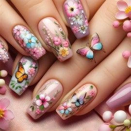 QQPPOLIU Long Coffin Press on Nails Pink False Nails with Flower Design Full Cover Nails Spring Glue on Nails for Girls