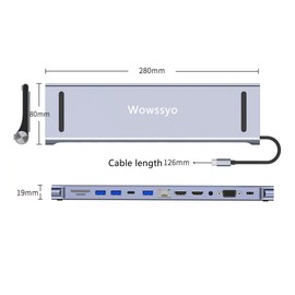 Wowssyo 12-in-1 Docking Station USB C Hub, USB C Adapter for 3 Displays 2 HDMI 4K, VGA, USB 3.0/2.0, USB C, SD/TF Card Reader, Ethernet, PD 100W, 3.5 mm Audio MacBook Pro/Air and for Windows