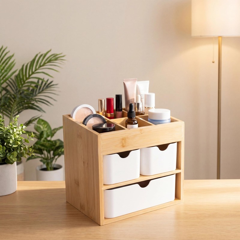 Small Bamboo Makeup Organizer with 3 Drawers
