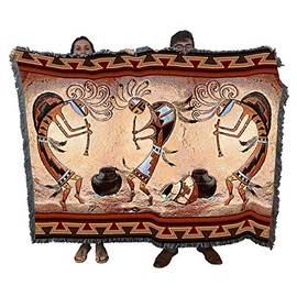 Kokopelli Pot Dance - Southwest Cave Rock Art - Roger Kull - Cotton Woven Blanket Throw - Made in The USA (72x54)