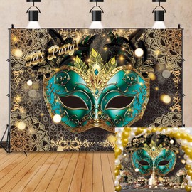 Masquerade Ball Backdrop Mardi Gras Carnival Glitter Gold Green Background Banner Masquerade Theme Birthday Party Decorations Supplies (7x5FT（210x150cm）)