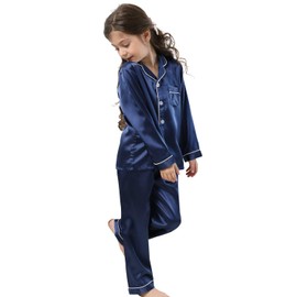 CattyGirl Pajamas Kid Unisex Pjs Set Girls Boys Silk Pajamas Set Satin Long Sleeve 2 Piece Clasic Sleepwear for 2-12 Years Todder Navy