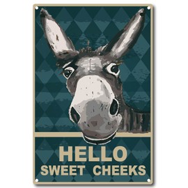 CREATCABIN Funny Bathroom Quote Metal Tin Sign Vintage Hello Sweet Cheeks Sign Donkey Tin Sign for Bathroom Kitchen Cafe Wall Decor, 8 x 12 Inch