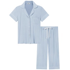 Joyaria Capri Pajama Set for Women with Pocket Button Front Sleep Set Long Pants Soft Cozy Pjs Set(Dusty Blue, Medium)