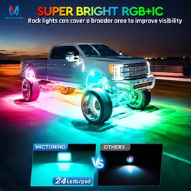 MICTUNING 2025 1000% Bright Q1 MAX RGB+IC LED Rock Lights, 48 LEDs 2 Pods Chasing Dreamcolor Extensible Underglow Multicolor Neon Light Underbody Lighting Kit for Truck ATV UTV Boat (No Controller)