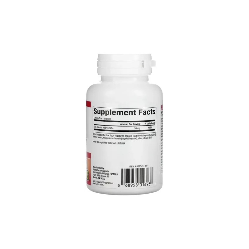 Bisglicinato De Zinc 50mg 60 Capsulas Natural Factors Sin Sabor