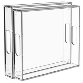 2 Pack Serving Tray with Handles, Clear Acrylic Tray for Serving Food, Large Outdoor Food Trays for Eating, Lucite Acrylic Trays for Serving Appetizer, Pizza, Fruit, Acrylic Decorative Tray Clear Tray