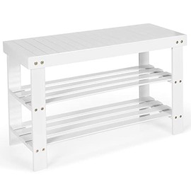 Giantex Entryway Shoe Bench, Bamboo Shoe Shelf Organizer Holds up to 6 Pairs, 3-Tier White Shoe Storage Rack Heels, Slippers for Entry, Living Room, Bathroom (White)