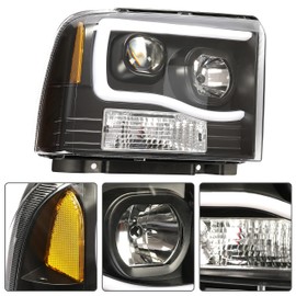 KUAFU LED Tube & Halogen Projector Headlights Compatible with 05-07 Ford Excursion F250 F350 F450 F550 Super Duty Driver & Passenger Side Pair Headlamp Assembly Black Housing and Clear Lens