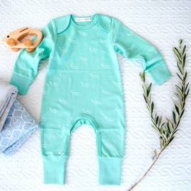 Organic Cotton Baby Sleepsuit - Sage Green Tiny Whales, 3-6 MTHS