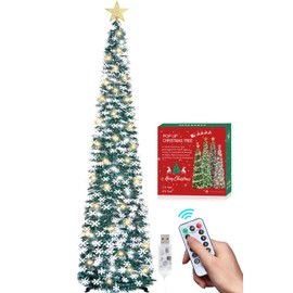 HMASYO 6 FT Pop Up Tinsel Christmas Tree with 100 LED Lights & Remote, Collapsible Artificial Pencil Tree with Snowflake Ornaments Xmas Decoration for Home, Office, Party, USB Powered Timer Lights