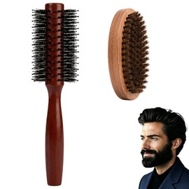 2 PCS Beard Brush For Men, Beard Brush Round, Mens Hair Brush, Beard Roller with Wooden Handle for Facial Hair Care, Daily Facial Hair Maintenance, Travel Styling Tool