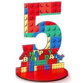 Geelin 5rd Birthday Number Sign Centerpiece Building Block Theme Number Stand Sign, Wooden Table Decoration Photo Props for Birthday Decorations